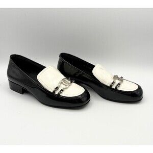 Chanel Black & White Patent Leather CC Chain Link Slip On Loafers Sz EU 36